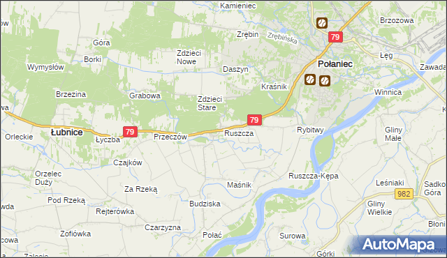 mapa Ruszcza gmina Połaniec, Ruszcza gmina Połaniec na mapie Targeo