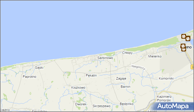 mapa Sarbinowo gmina Mielno, Sarbinowo gmina Mielno na mapie Targeo