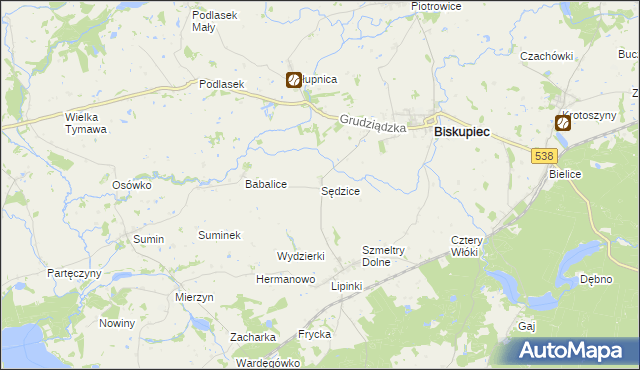 mapa Sędzice gmina Biskupiec, Sędzice gmina Biskupiec na mapie Targeo