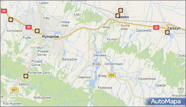 mapa Sieniawa gmina Rymanów, Sieniawa gmina Rymanów na mapie Targeo