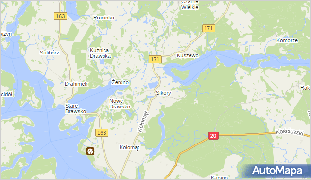 mapa Sikory gmina Czaplinek, Sikory gmina Czaplinek na mapie Targeo