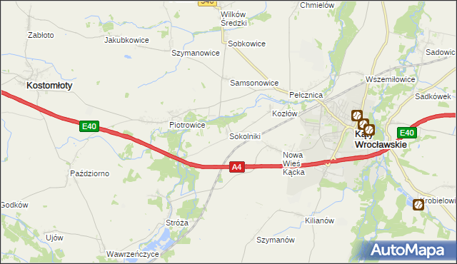 mapa Sokolniki gmina Kąty Wrocławskie, Sokolniki gmina Kąty Wrocławskie na mapie Targeo