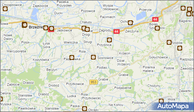 mapa Sosnowice gmina Brzeźnica, Sosnowice gmina Brzeźnica na mapie Targeo