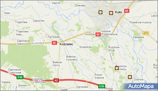 mapa Straszków gmina Kościelec, Straszków gmina Kościelec na mapie Targeo