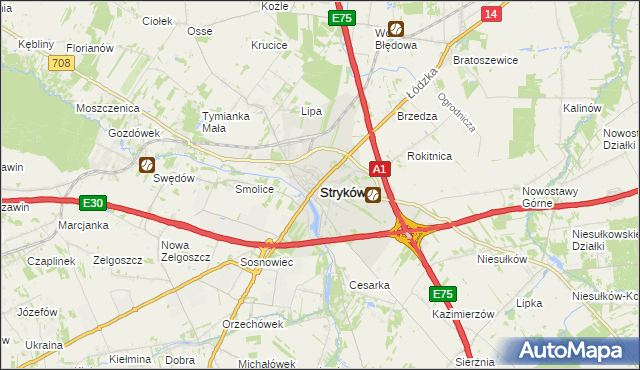 mapa Stryków powiat zgierski, Stryków powiat zgierski na mapie Targeo