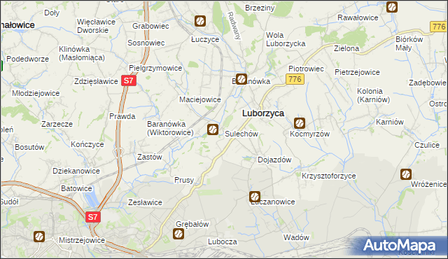 mapa Sulechów gmina Kocmyrzów-Luborzyca, Sulechów gmina Kocmyrzów-Luborzyca na mapie Targeo