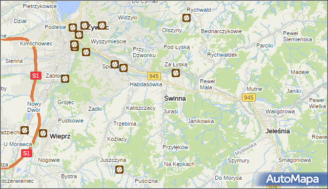 mapa Świnna powiat żywiecki, Świnna powiat żywiecki na mapie Targeo