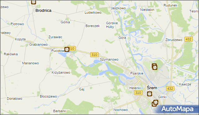 mapa Szymanowo gmina Śrem, Szymanowo gmina Śrem na mapie Targeo