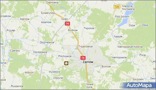 mapa Trojanowice gmina Żarnów, Trojanowice gmina Żarnów na mapie Targeo