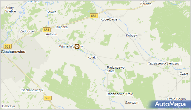 mapa Trzaski gmina Ciechanowiec, Trzaski gmina Ciechanowiec na mapie Targeo