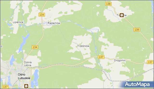 mapa Trześniów gmina Ośno Lubuskie, Trześniów gmina Ośno Lubuskie na mapie Targeo