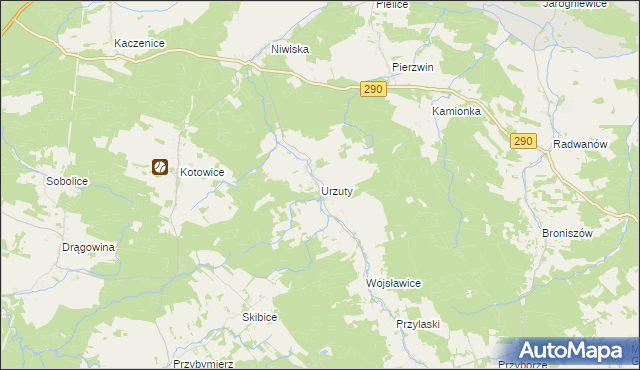 mapa Urzuty gmina Nowogród Bobrzański, Urzuty gmina Nowogród Bobrzański na mapie Targeo