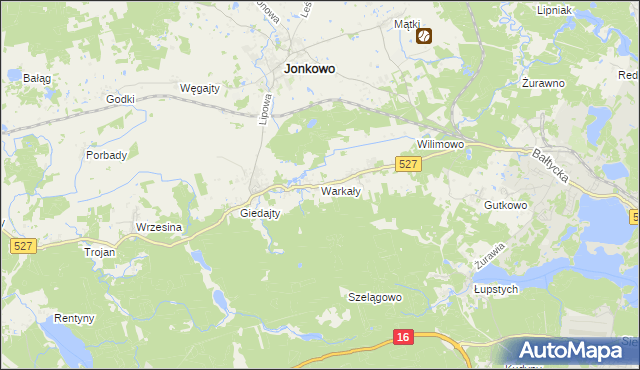 mapa Warkały gmina Jonkowo, Warkały gmina Jonkowo na mapie Targeo