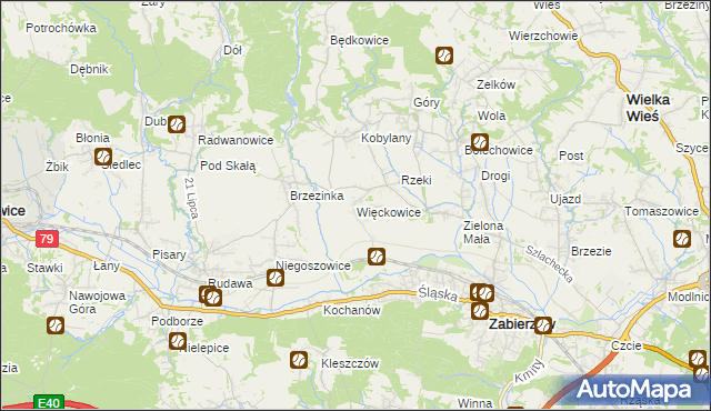 mapa Więckowice gmina Zabierzów, Więckowice gmina Zabierzów na mapie Targeo