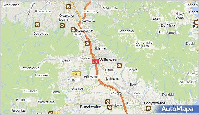 mapa Wilkowice powiat bielski, Wilkowice powiat bielski na mapie Targeo