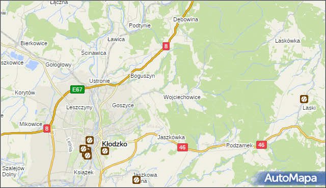 mapa Wojciechowice gmina Kłodzko, Wojciechowice gmina Kłodzko na mapie Targeo