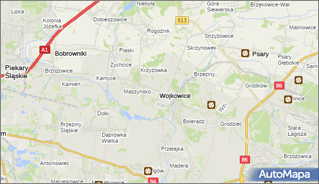 mapa Wojkowice powiat będziński, Wojkowice powiat będziński na mapie Targeo