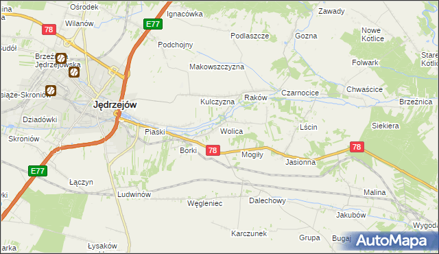 mapa Wolica gmina Jędrzejów, Wolica gmina Jędrzejów na mapie Targeo