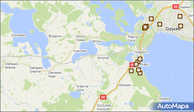 mapa Wronka gmina Giżycko, Wronka gmina Giżycko na mapie Targeo