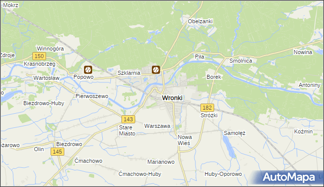 mapa Wronki powiat szamotulski, Wronki powiat szamotulski na mapie Targeo