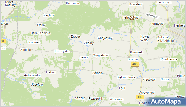 mapa Wygiełzów gmina Zelów, Wygiełzów gmina Zelów na mapie Targeo