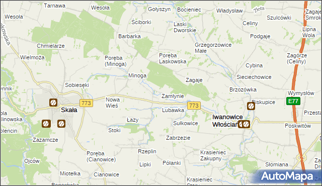 mapa Zamłynie gmina Skała, Zamłynie gmina Skała na mapie Targeo