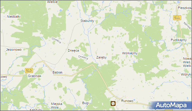 mapa Zaręby gmina Lidzbark Warmiński, Zaręby gmina Lidzbark Warmiński na mapie Targeo