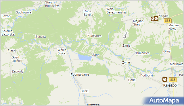 mapa Żary gmina Biszcza, Żary gmina Biszcza na mapie Targeo