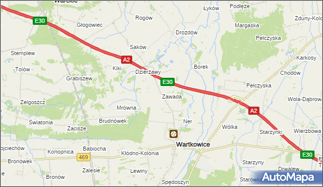 mapa Zawada gmina Wartkowice, Zawada gmina Wartkowice na mapie Targeo