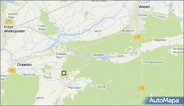 mapa Zawada gmina Wieleń, Zawada gmina Wieleń na mapie Targeo