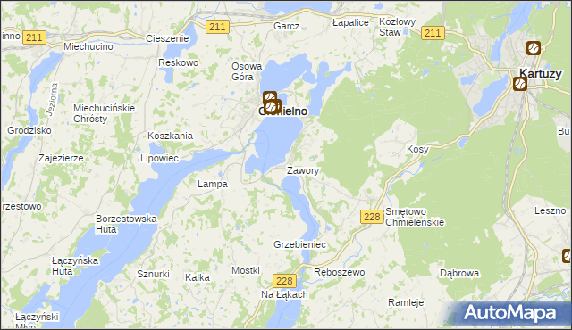 mapa Zawory gmina Chmielno, Zawory gmina Chmielno na mapie Targeo