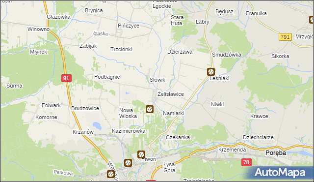 mapa Żelisławice gmina Siewierz, Żelisławice gmina Siewierz na mapie Targeo