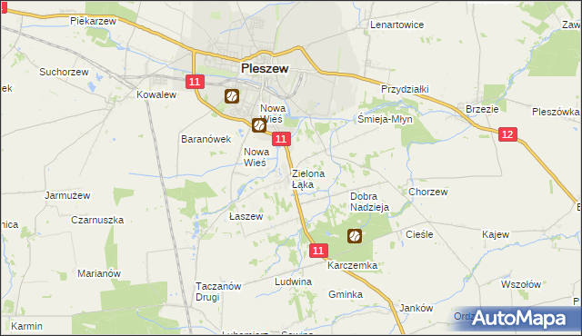 mapa Zielona Łąka gmina Pleszew, Zielona Łąka gmina Pleszew na mapie Targeo