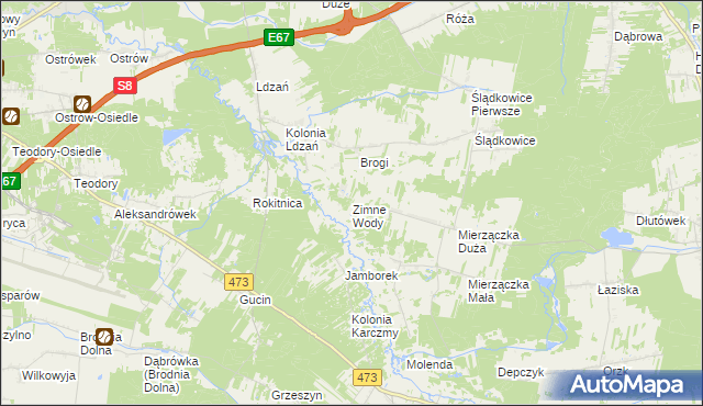 mapa Zimne Wody gmina Dobroń, Zimne Wody gmina Dobroń na mapie Targeo