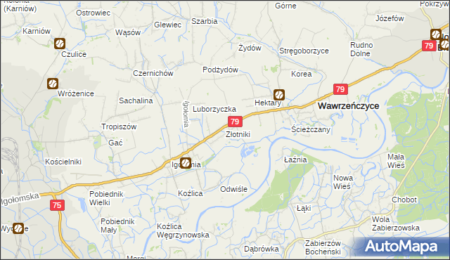 mapa Złotniki gmina Igołomia-Wawrzeńczyce, Złotniki gmina Igołomia-Wawrzeńczyce na mapie Targeo