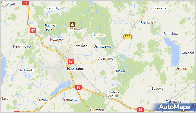 mapa Adamowo gmina Biskupiec, Adamowo gmina Biskupiec na mapie Targeo