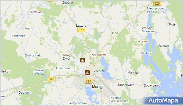 mapa Antoniewo gmina Morąg, Antoniewo gmina Morąg na mapie Targeo
