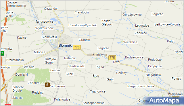 mapa Brończyce gmina Słomniki, Brończyce gmina Słomniki na mapie Targeo