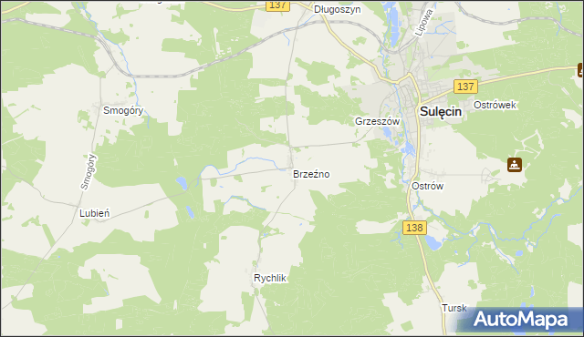 mapa Brzeźno gmina Sulęcin, Brzeźno gmina Sulęcin na mapie Targeo