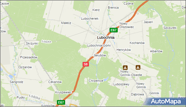 mapa Jakubów gmina Lubochnia, Jakubów gmina Lubochnia na mapie Targeo