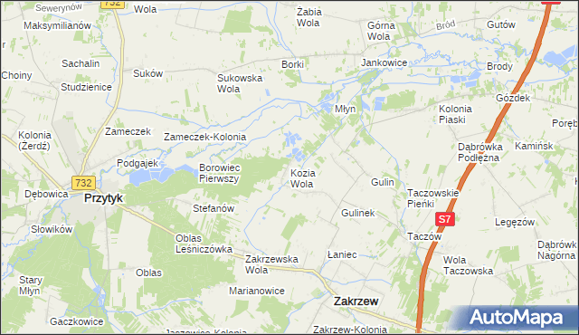 mapa Kozia Wola gmina Zakrzew, Kozia Wola gmina Zakrzew na mapie Targeo