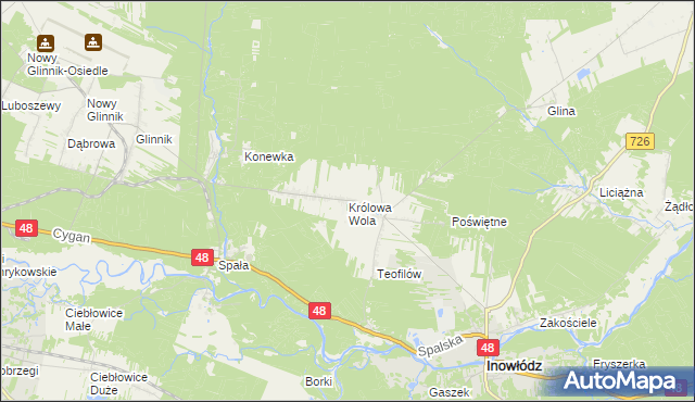 mapa Królowa Wola gmina Inowłódz, Królowa Wola gmina Inowłódz na mapie Targeo