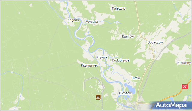 mapa Krzywa gmina Nowogród Bobrzański, Krzywa gmina Nowogród Bobrzański na mapie Targeo