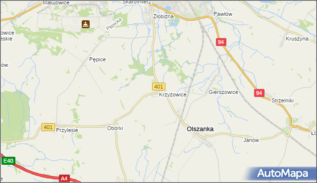 mapa Krzyżowice gmina Olszanka, Krzyżowice gmina Olszanka na mapie Targeo