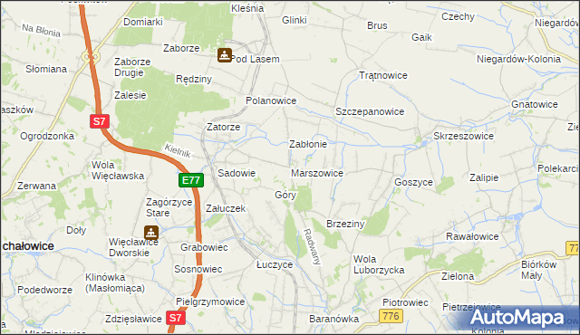 mapa Marszowice gmina Kocmyrzów-Luborzyca, Marszowice gmina Kocmyrzów-Luborzyca na mapie Targeo