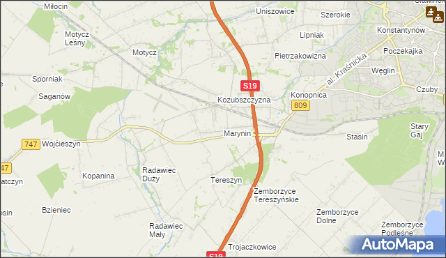 mapa Marynin gmina Konopnica, Marynin gmina Konopnica na mapie Targeo