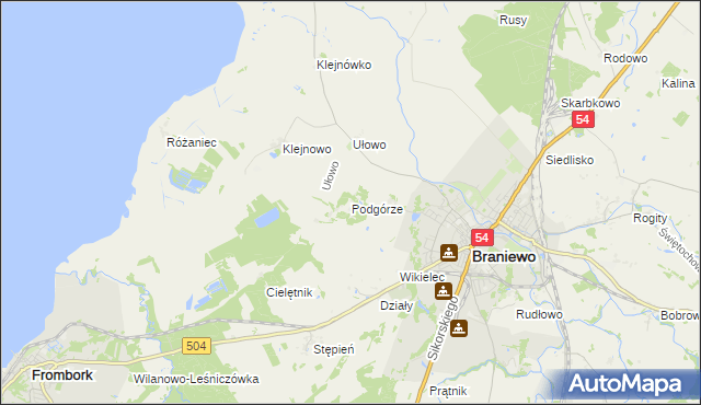 mapa Podgórze gmina Braniewo, Podgórze gmina Braniewo na mapie Targeo