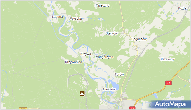 mapa Podgórzyce gmina Nowogród Bobrzański, Podgórzyce gmina Nowogród Bobrzański na mapie Targeo