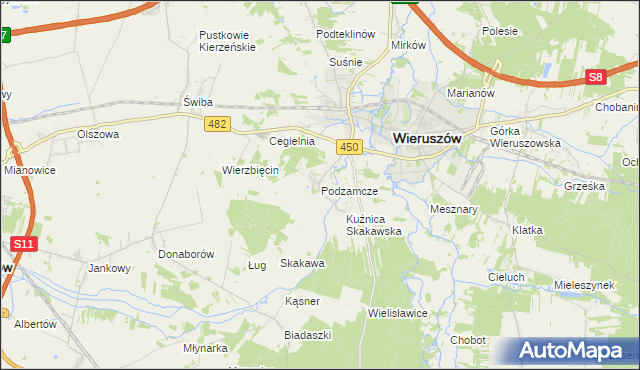 mapa Podzamcze gmina Wieruszów, Podzamcze gmina Wieruszów na mapie Targeo