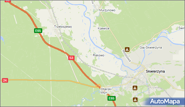 mapa Rakowo gmina Skwierzyna, Rakowo gmina Skwierzyna na mapie Targeo